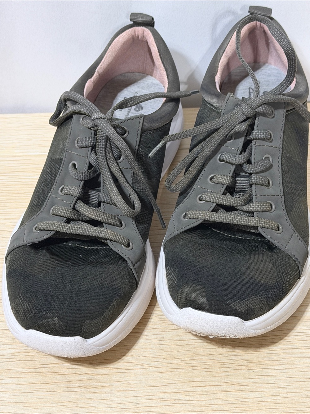 Clarks Women's Hunter Green/Black camo Sneakers with Pink Lining.